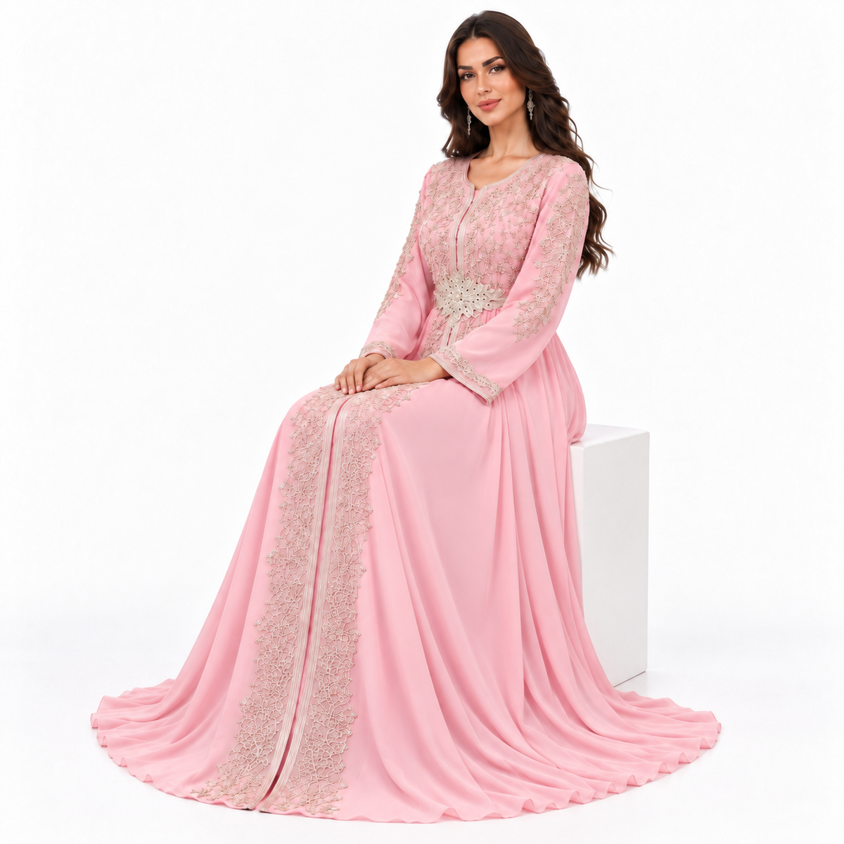 Pink Gold Embroidered Luxury Moroccan Kaftan-2