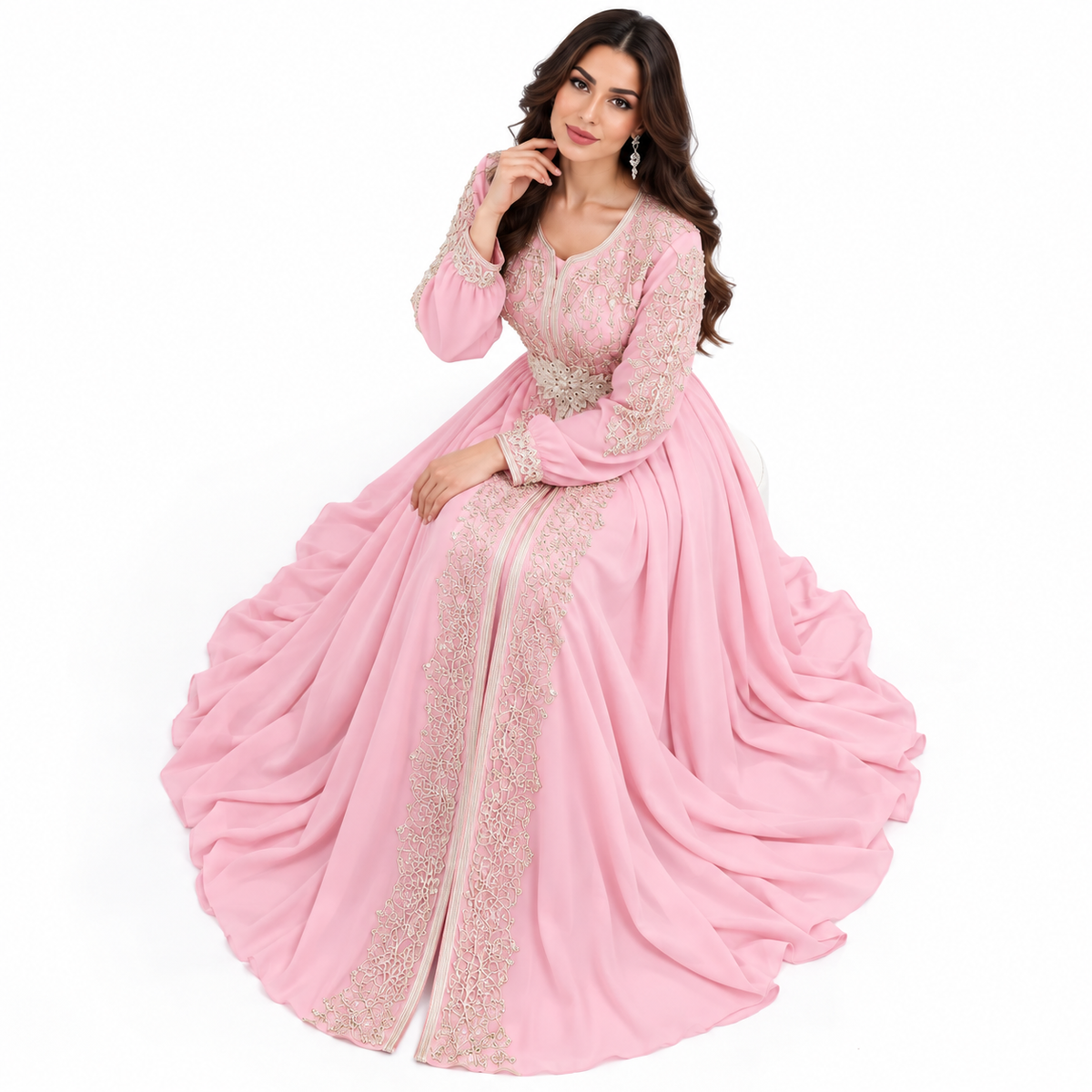 Pink Gold Embroidered Luxury Moroccan Kaftan-4