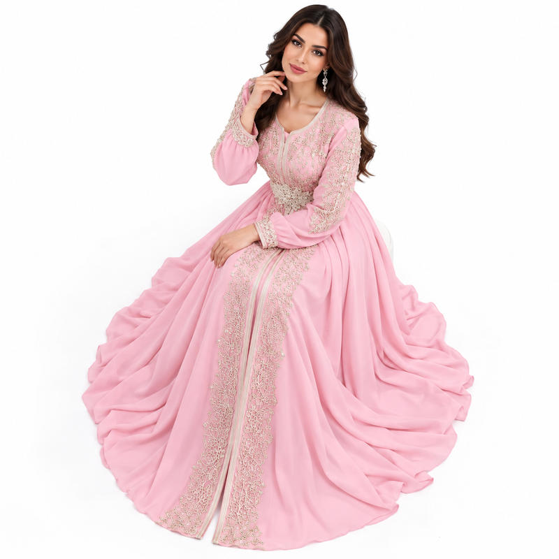 Pink Gold Embroidered Luxury Moroccan Kaftan-4