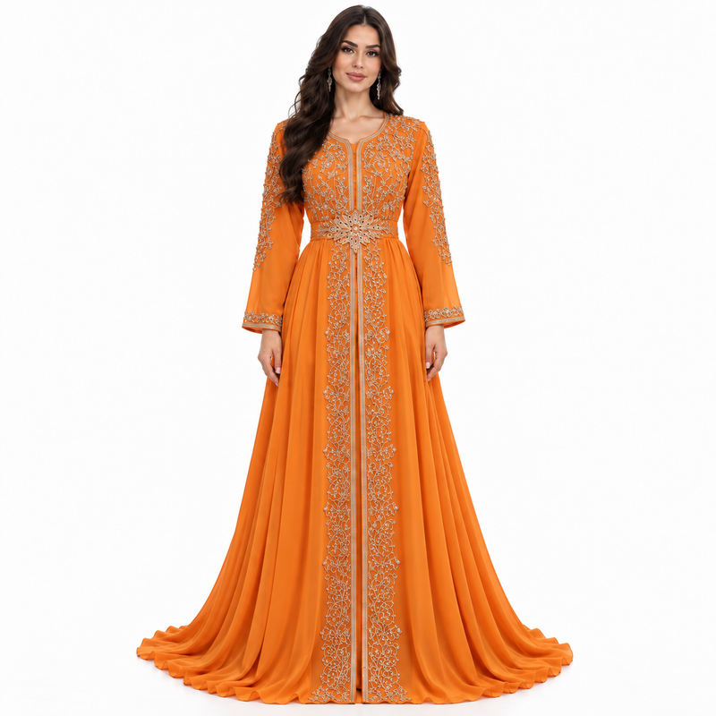 Orange Embroidered Luxury Moroccan Kaftan Dress-1