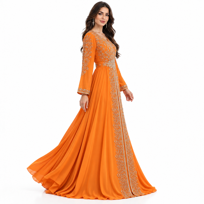 Orange Embroidered Luxury Moroccan Kaftan Dress-3