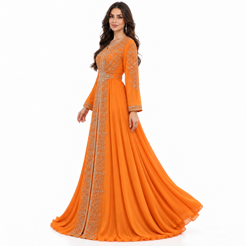 Orange Embroidered Luxury Moroccan Kaftan Dress-2