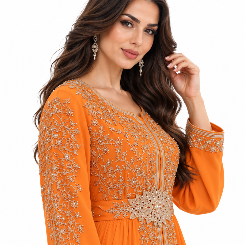 Orange Embroidered Luxury Moroccan Kaftan Dress-4