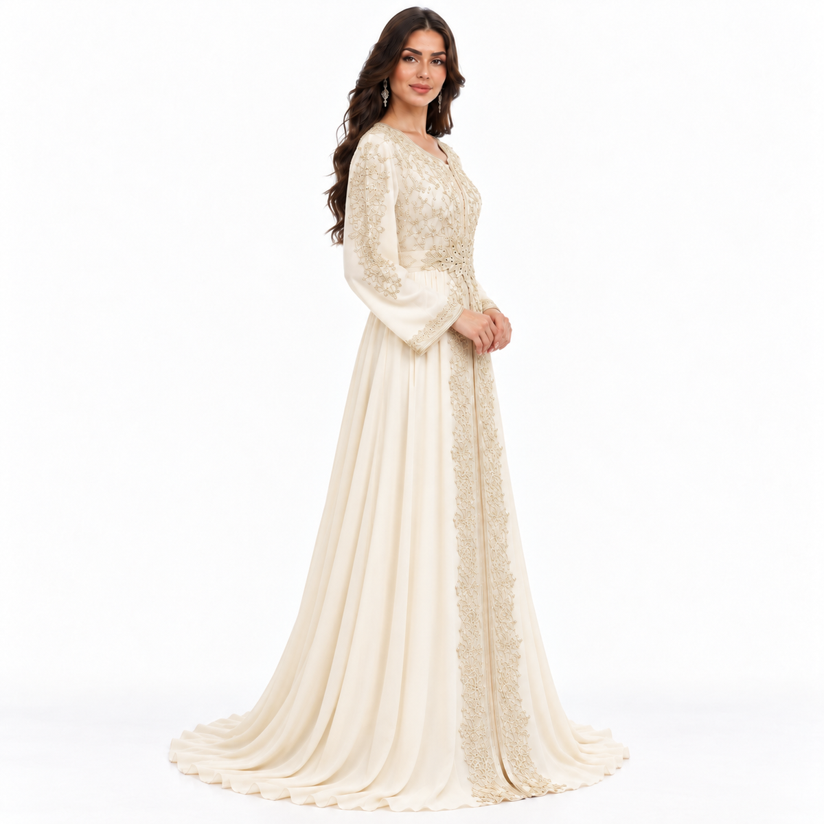 Ivory Gold Embroidered Luxury Moroccan Kaftan-4