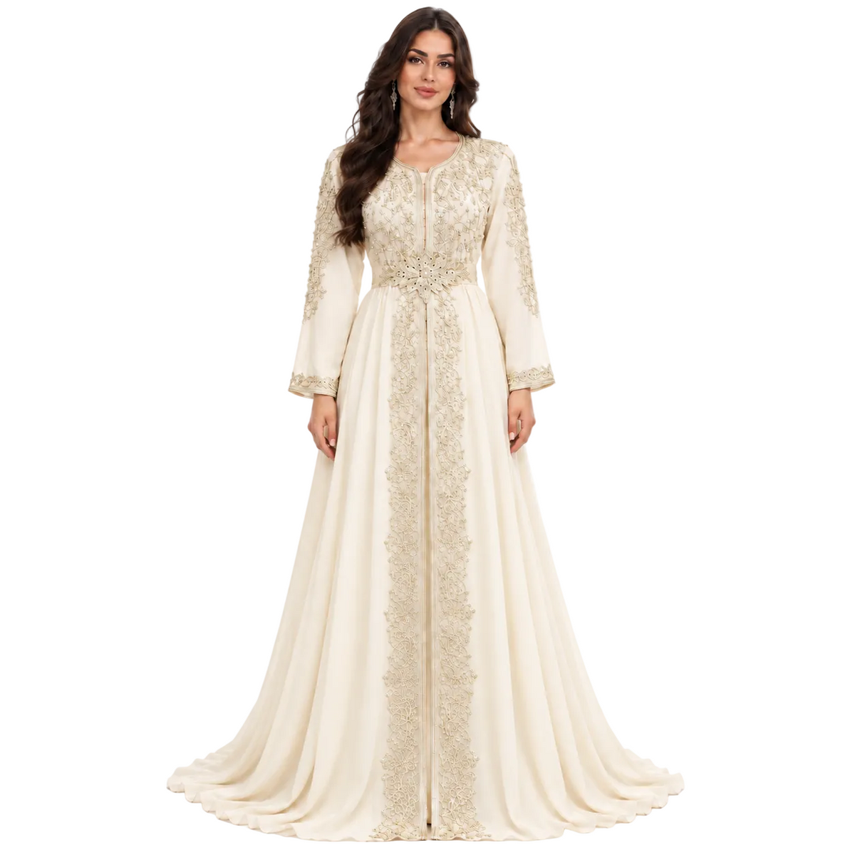 Ivory Gold Embroidered Luxury Moroccan Kaftan-1