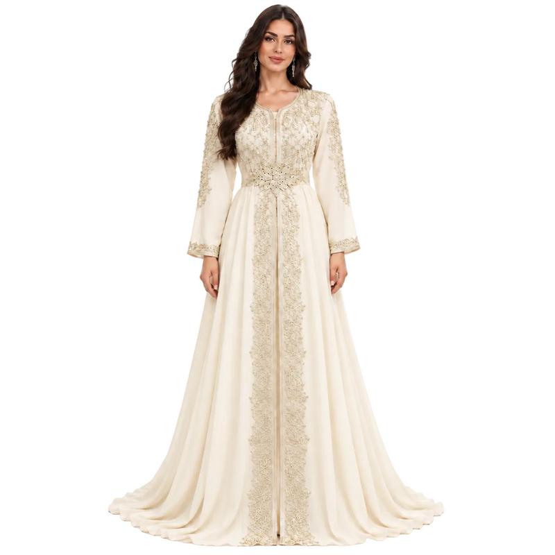 Ivory Gold Embroidered Luxury Moroccan Kaftan-1