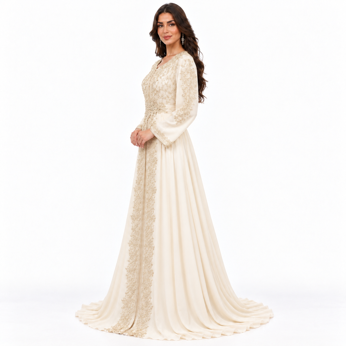 Ivory Gold Embroidered Luxury Moroccan Kaftan-3