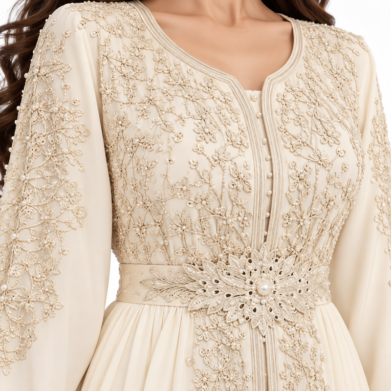 Ivory Gold Embroidered Luxury Moroccan Kaftan-2