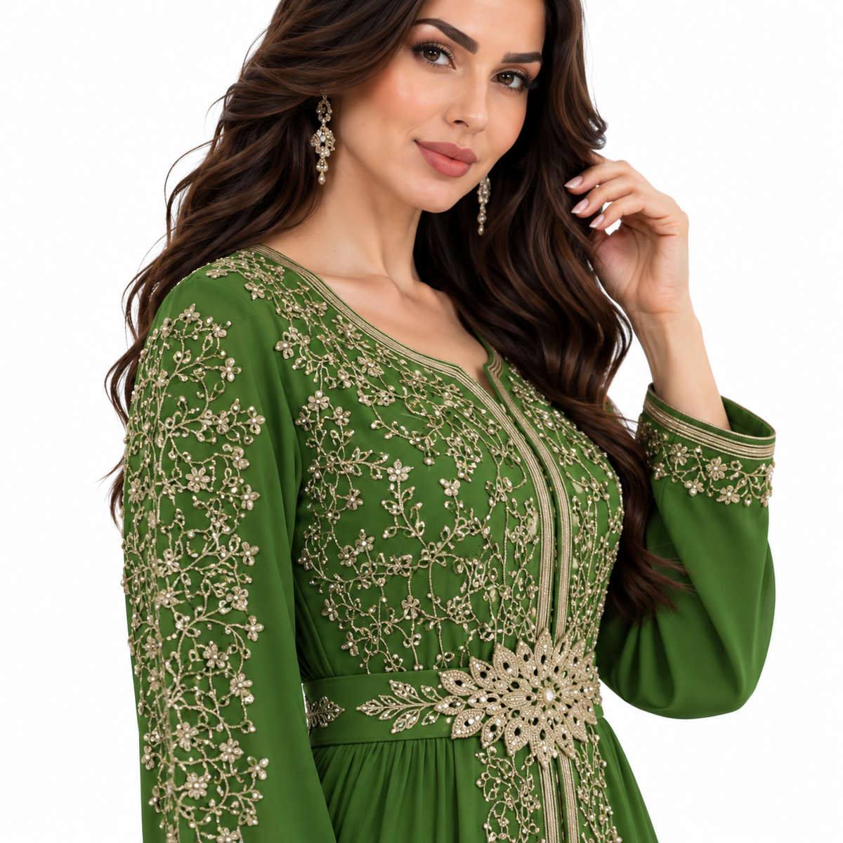 Green Embroidered Luxury Moroccan Kaftan Dress-4