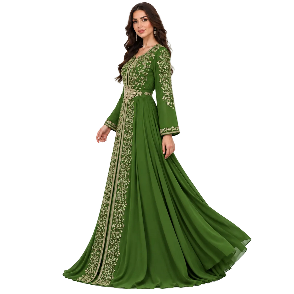 Green Embroidered Luxury Moroccan Kaftan Dress-2