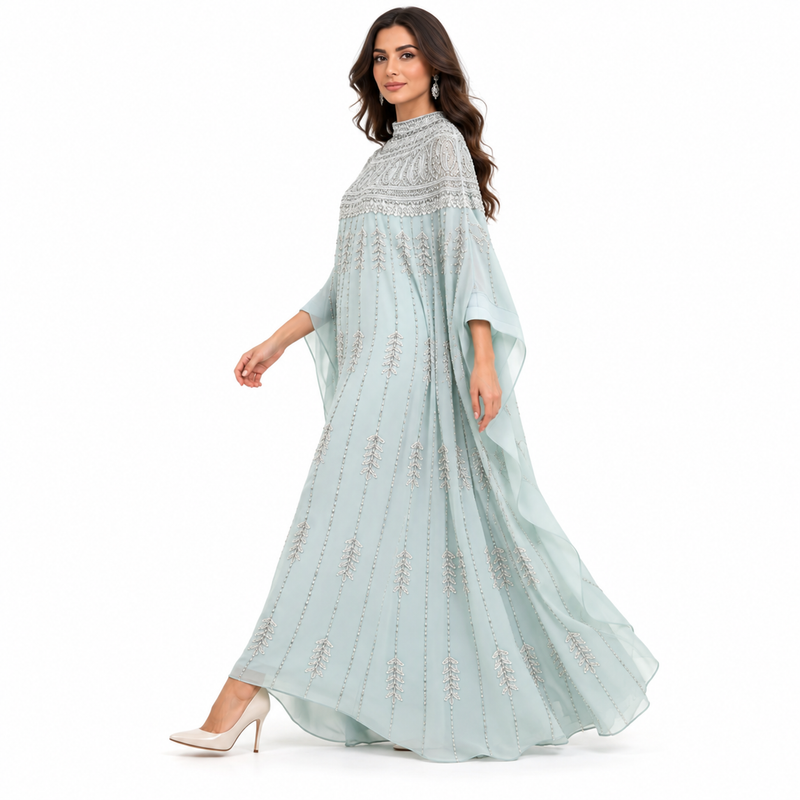 Light Blue Embroidered Luxury Baju Kaftan-2