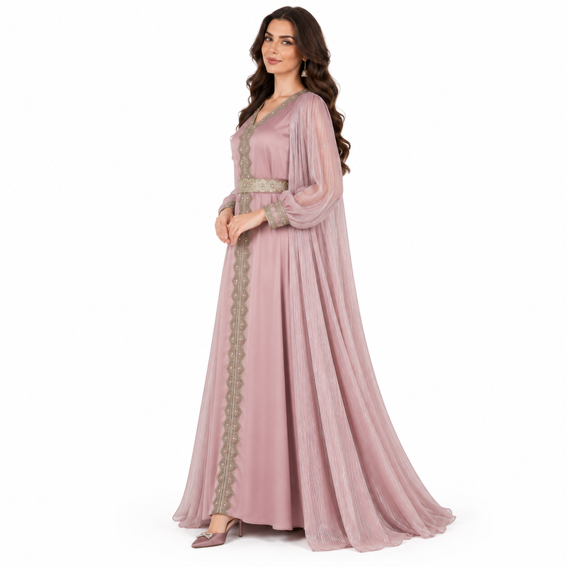Pink Embellished Layered Elegant Luxury Kaftan-2