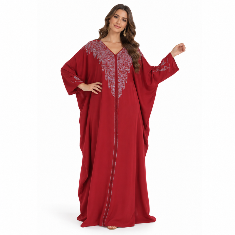 Red Silver Embroidered Luxury Flowing Kaftan-1