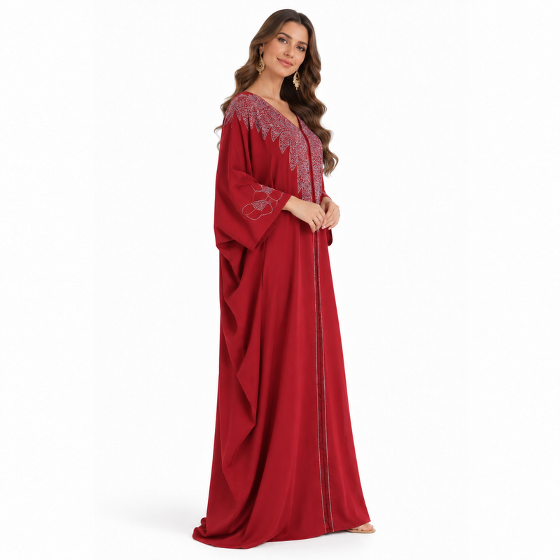 Red Silver Embroidered Luxury Flowing Kaftan-2