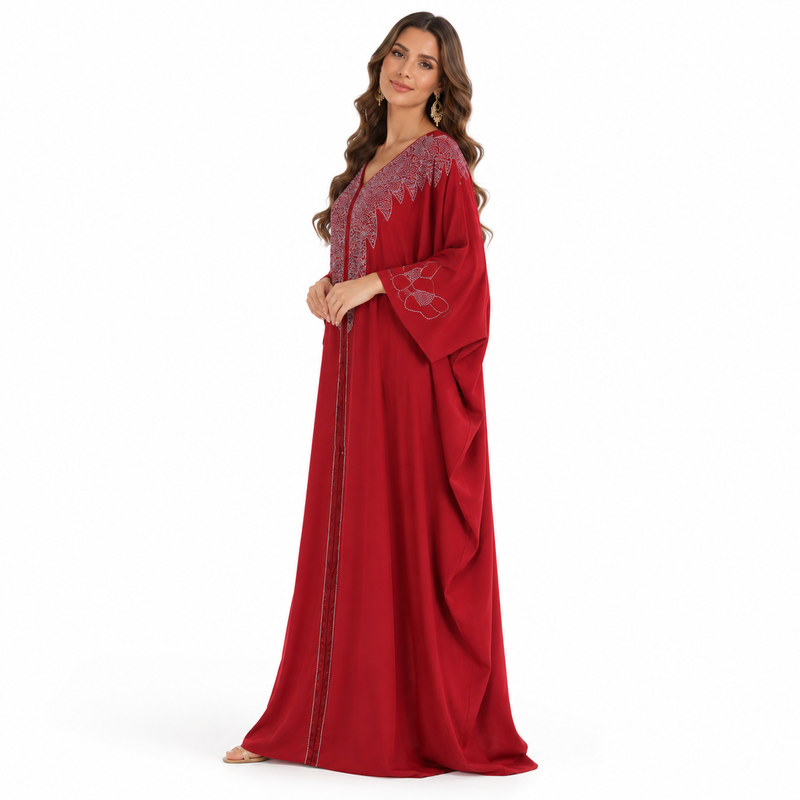 Red Silver Embroidered Luxury Flowing Kaftan-3