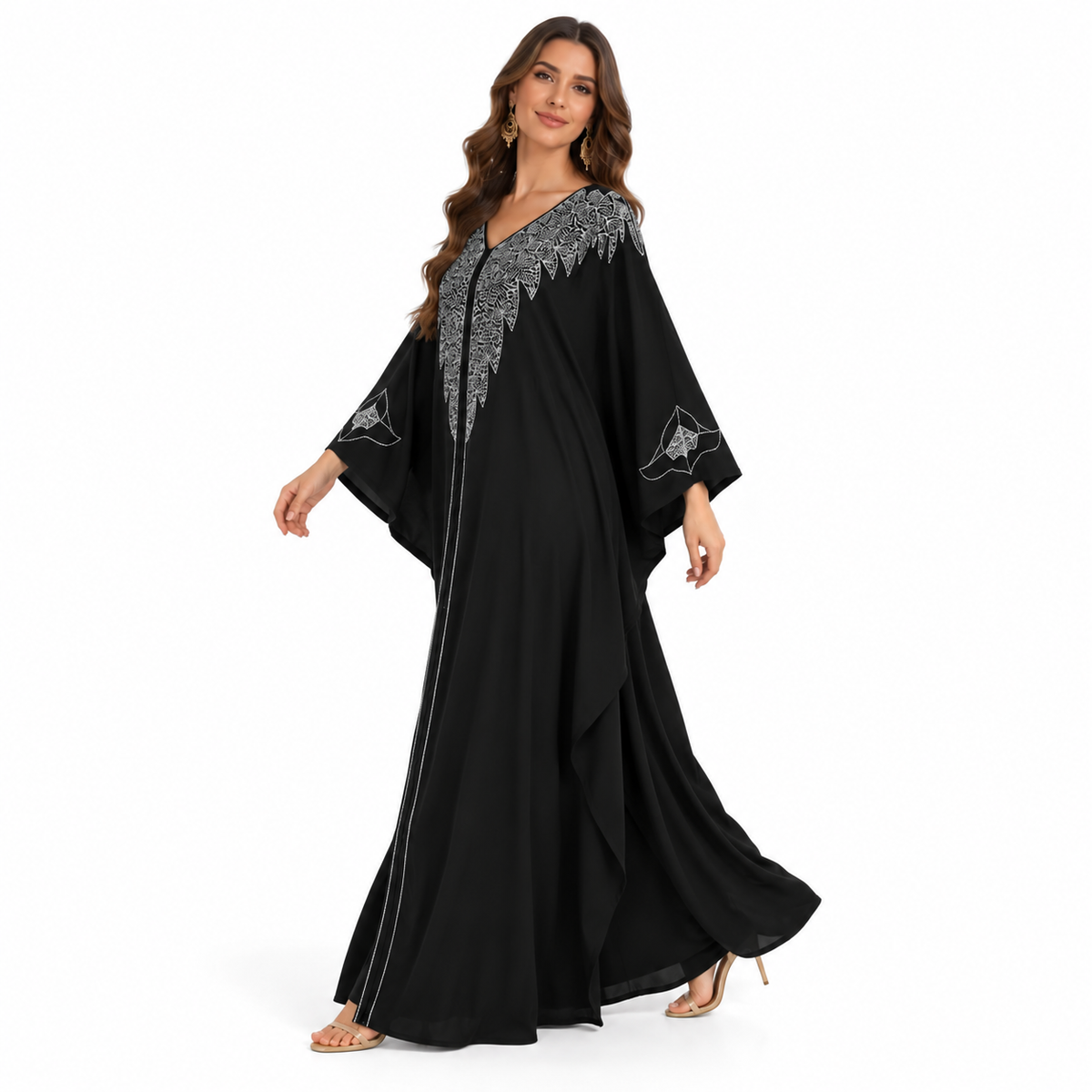 Black Silver Embroidered Luxury Flowing Kaftan-2