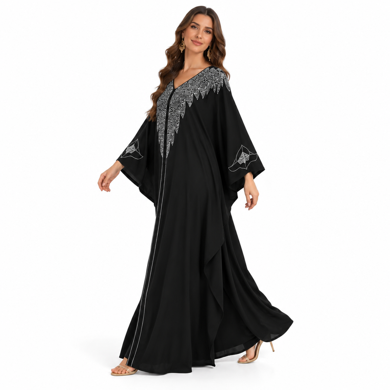 Black Silver Embroidered Luxury Flowing Kaftan-2