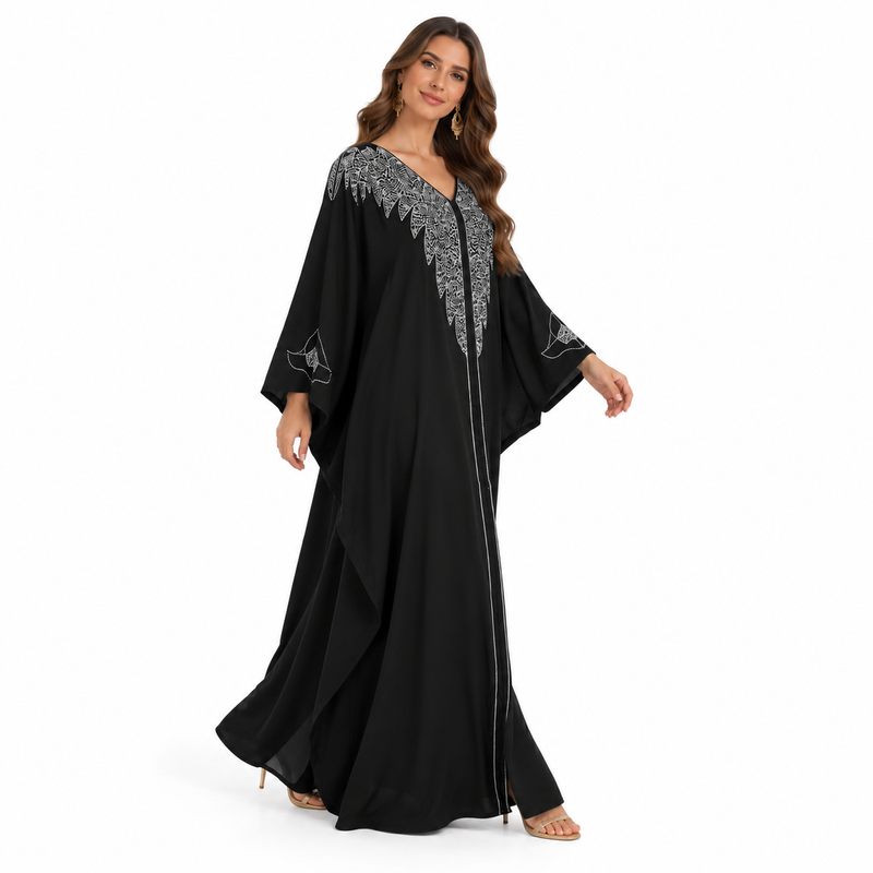 Black Silver Embroidered Luxury Flowing Kaftan-3