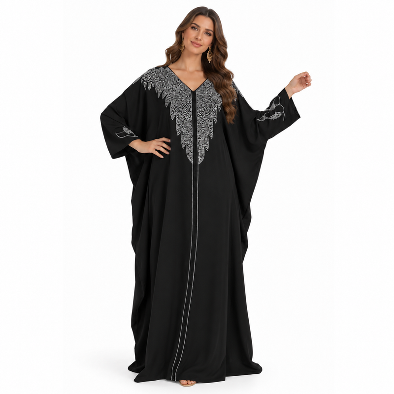 Black Silver Embroidered Luxury Flowing Kaftan-1