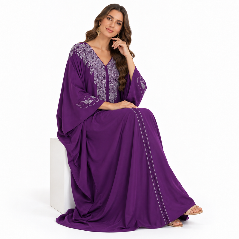 Purple Silver Embroidered Luxury Flowing Kaftan-3