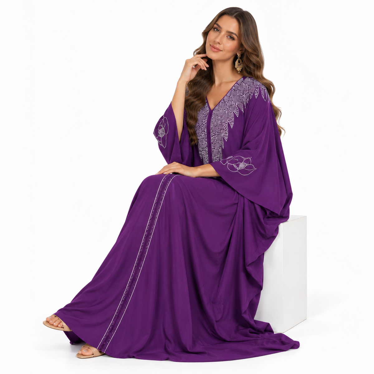 Purple Silver Embroidered Luxury Flowing Kaftan-2