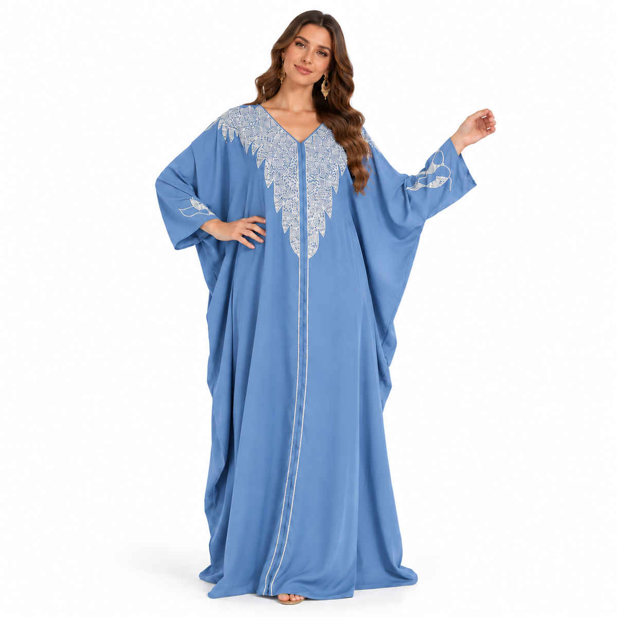 Blue Silver Embroidered Luxury Flowing Kaftan-1