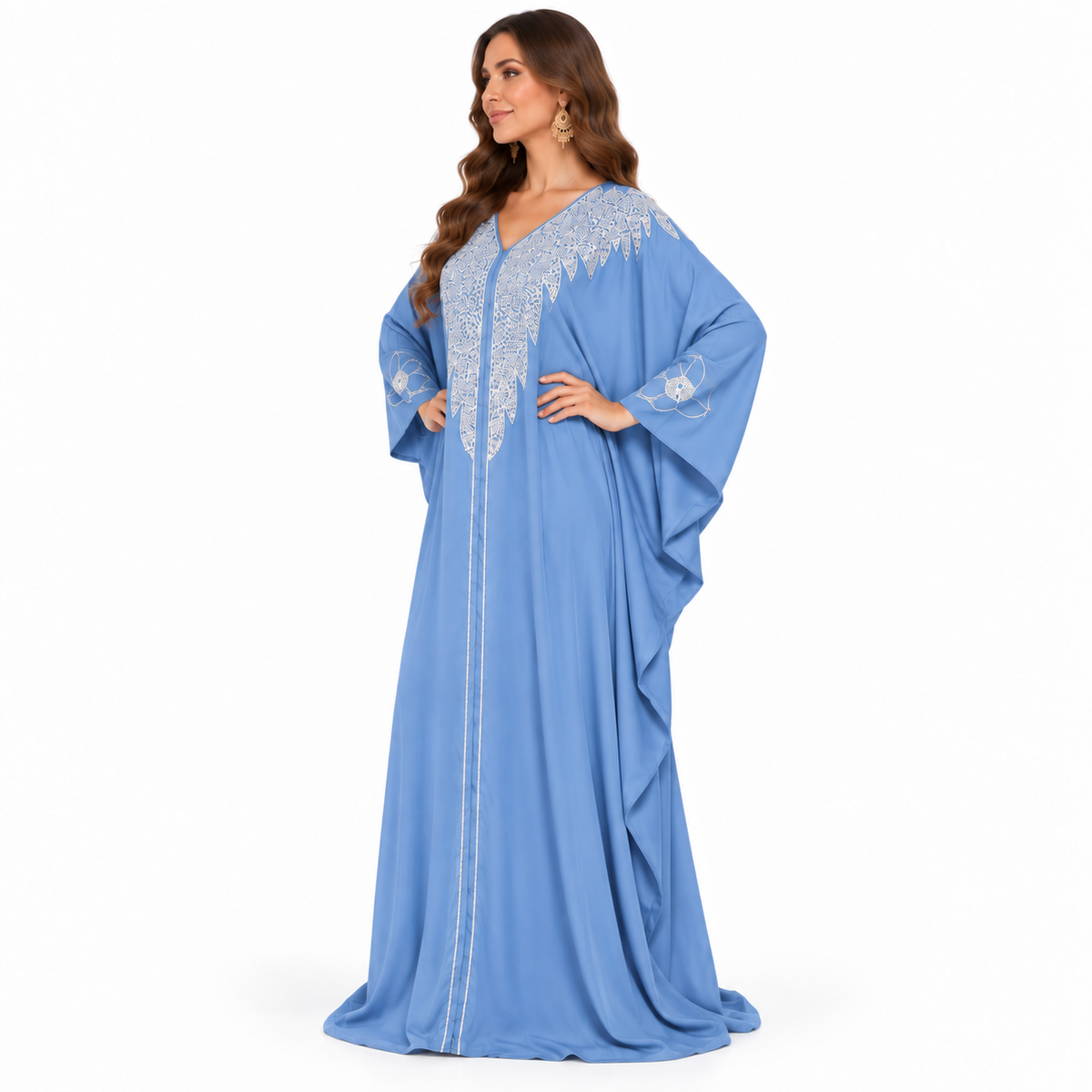 Blue Silver Embroidered Luxury Flowing Kaftan-3