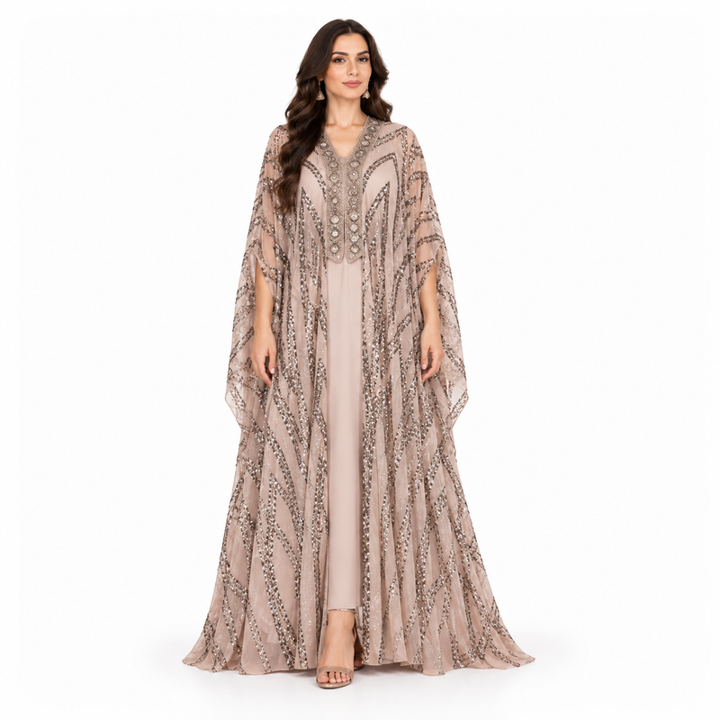 Beige Sequin Embellished Luxury Kaftan Dress-1