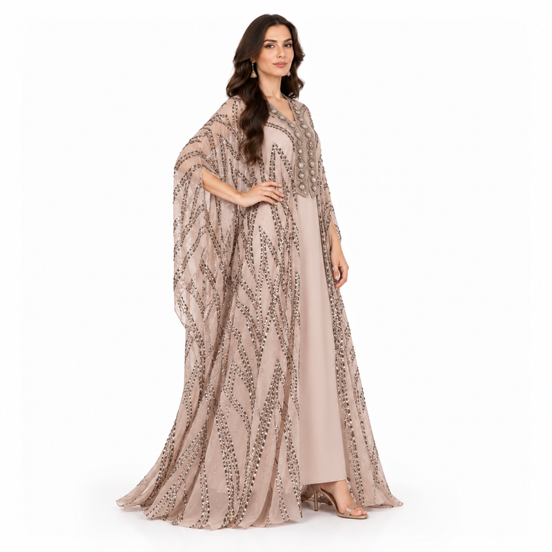 Beige Sequin Embellished Luxury Kaftan Dress-3