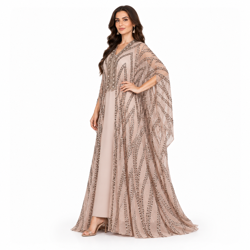 Beige Sequin Embellished Luxury Kaftan Dress-2