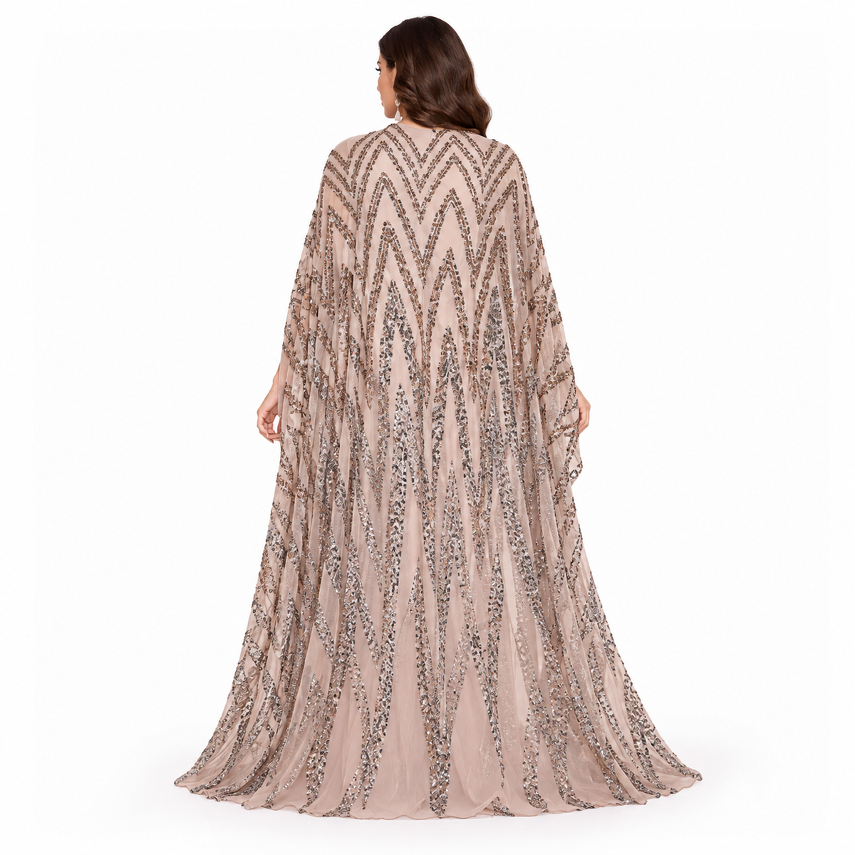 Beige Sequin Embellished Luxury Kaftan Dress-4