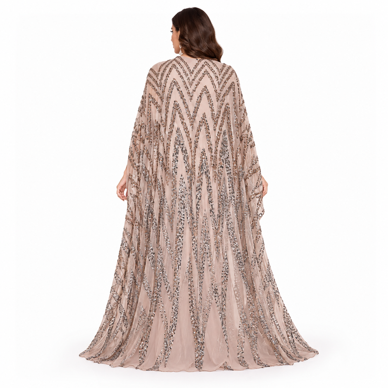Beige Sequin Embellished Luxury Kaftan Dress-4