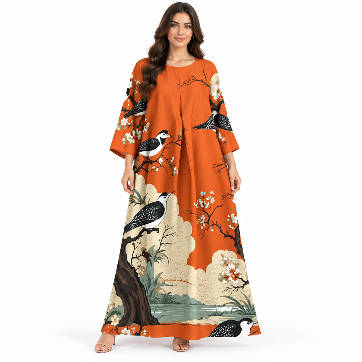 Orange Bird Print Flowing Kaftan Dress-1