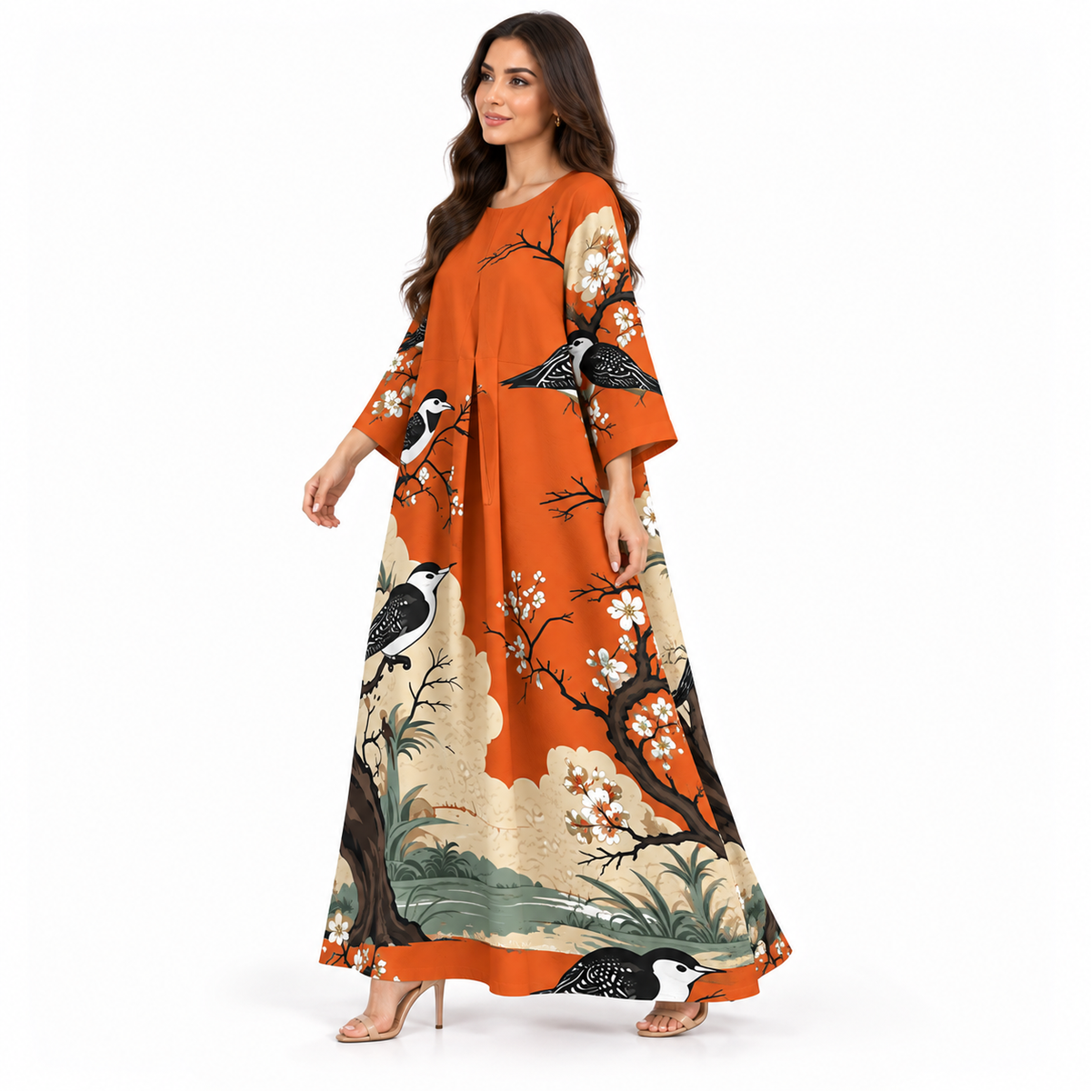Orange Bird Print Flowing Kaftan Dress-3