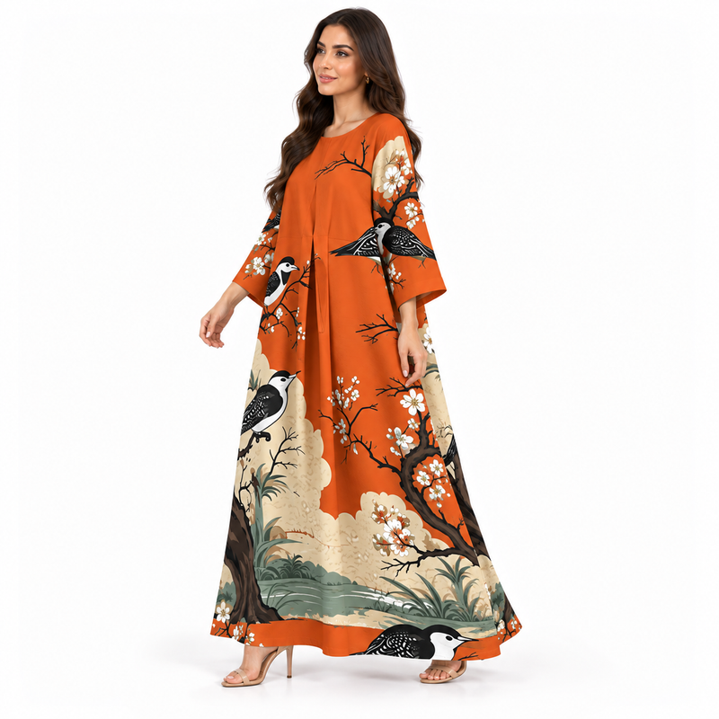 Orange Bird Print Flowing Kaftan Dress-3