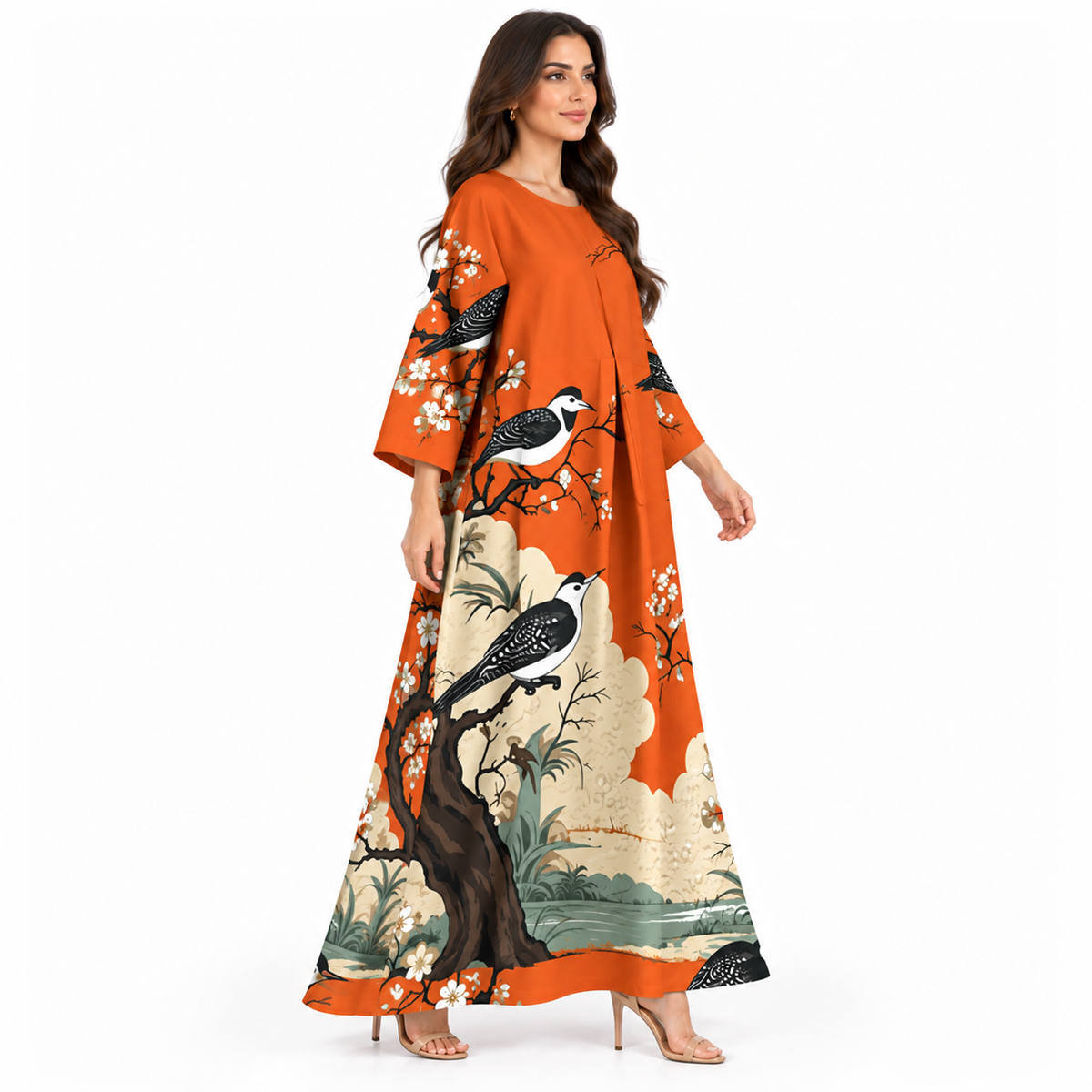 Orange Bird Print Flowing Kaftan Dress-2