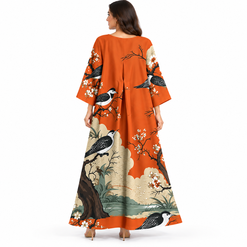 Orange Bird Print Flowing Kaftan Dress-4