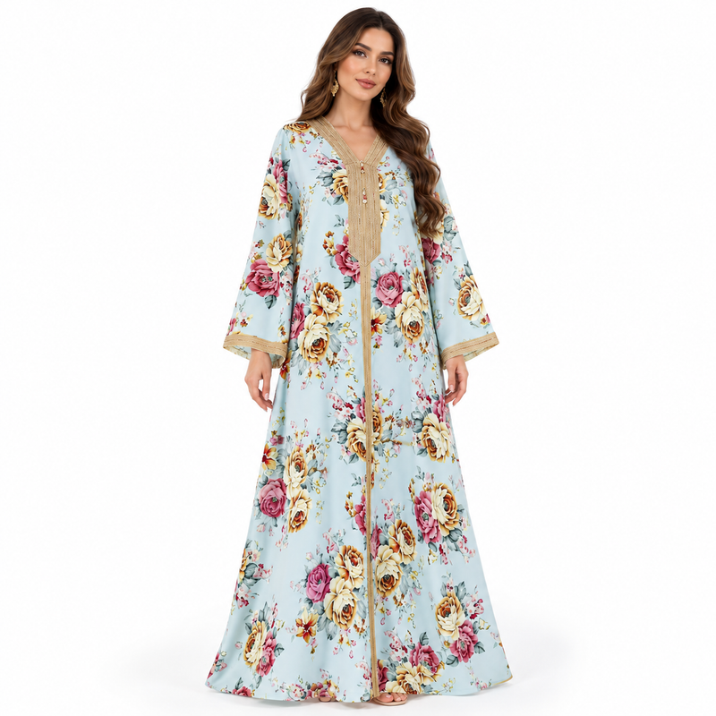 Blue Floral Elegance Women’s Luxury Kaftan-1