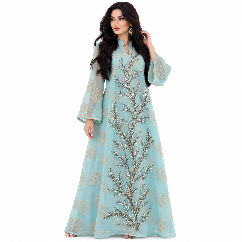 Green Blue Embroidered Elegant Women’s Kaftan-1