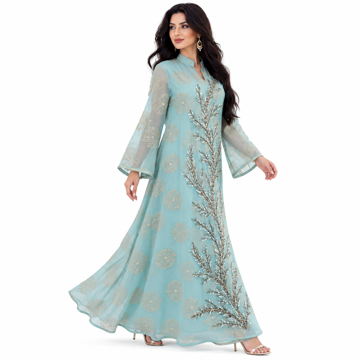 Green Blue Embroidered Elegant Women’s Kaftan-4