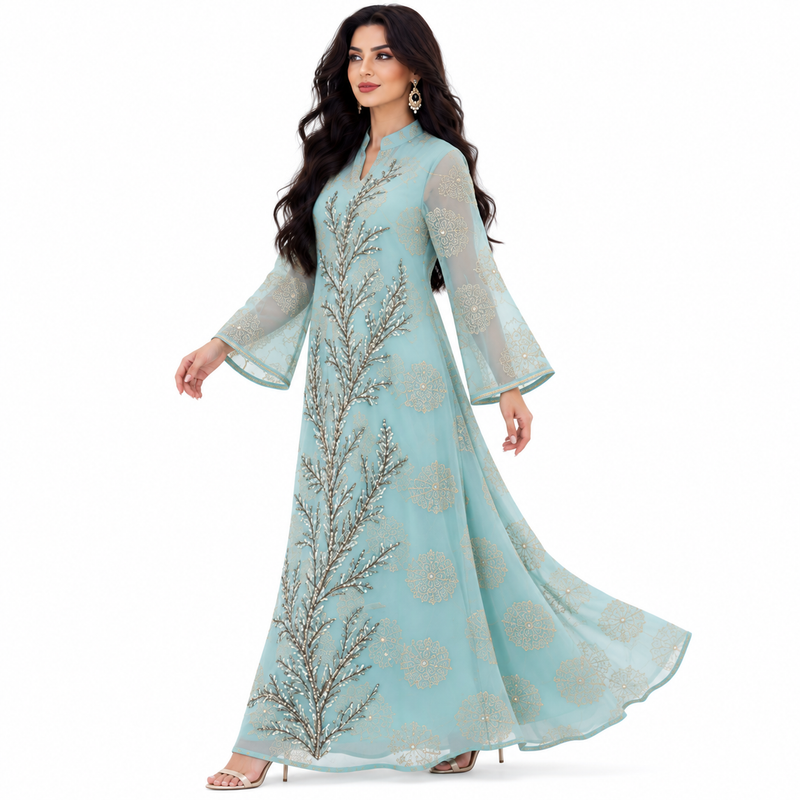 Green Blue Embroidered Elegant Women’s Kaftan-3