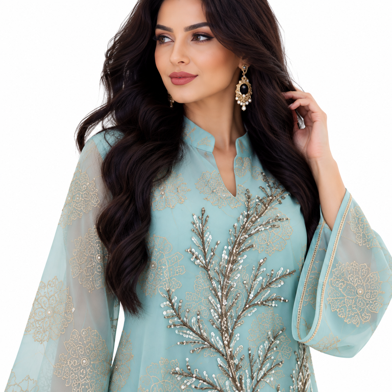 Green Blue Embroidered Elegant Women’s Kaftan-2