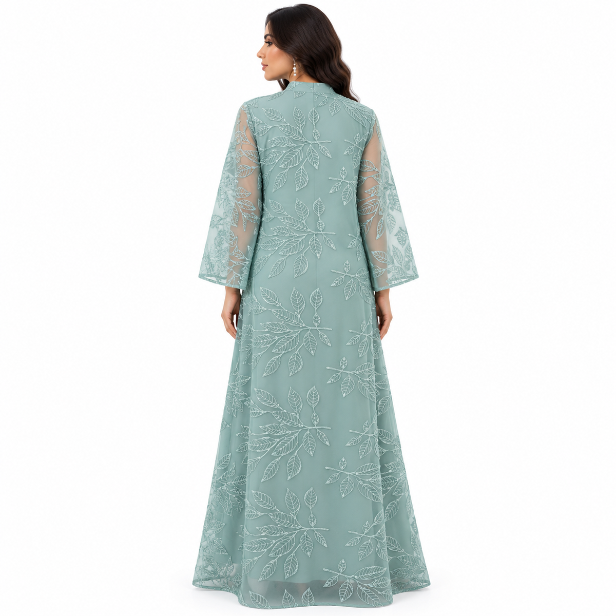 Green Embroidered Botanical Elegance Women’s Kaftan-4