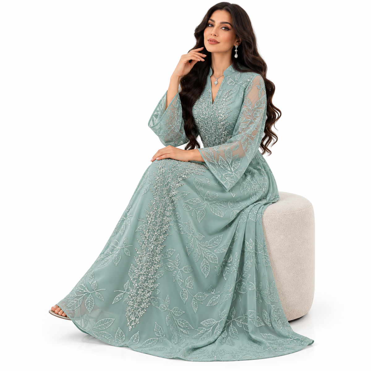 Green Embroidered Botanical Elegance Women’s Kaftan-3