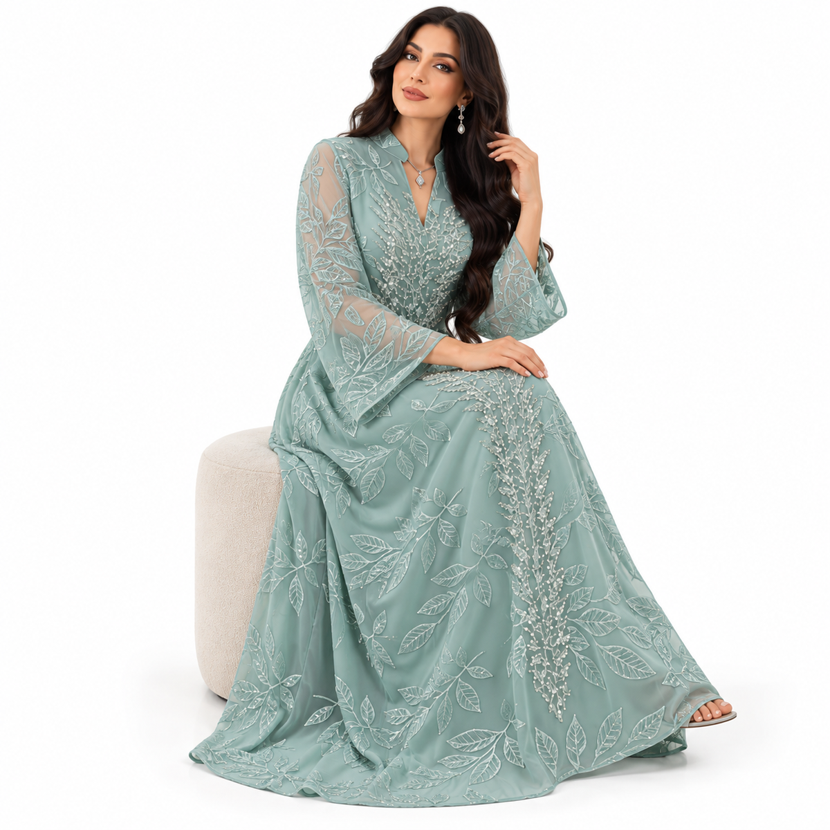 Green Embroidered Botanical Elegance Women’s Kaftan-2