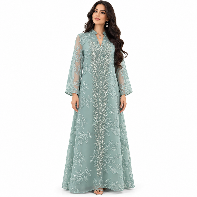 Green Embroidered Botanical Elegance Women’s Kaftan-1