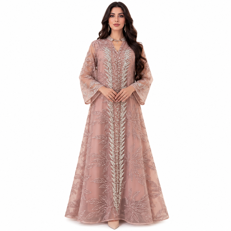 Dusty Pink Embroidered Luxury Kaftan Dress-1