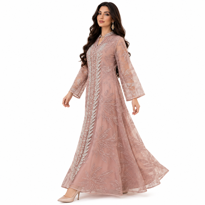 Dusty Pink Embroidered Luxury Kaftan Dress-3