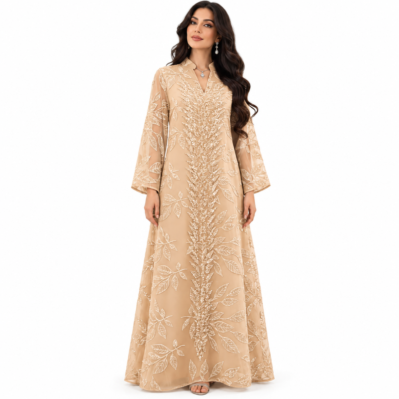 Apricot Botanical Embroidered Luxury Women’s Kaftan-1