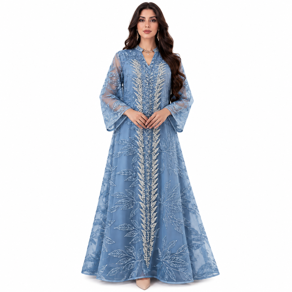Elegant Blue Botanical Embroidered Kaftan Dress-1
